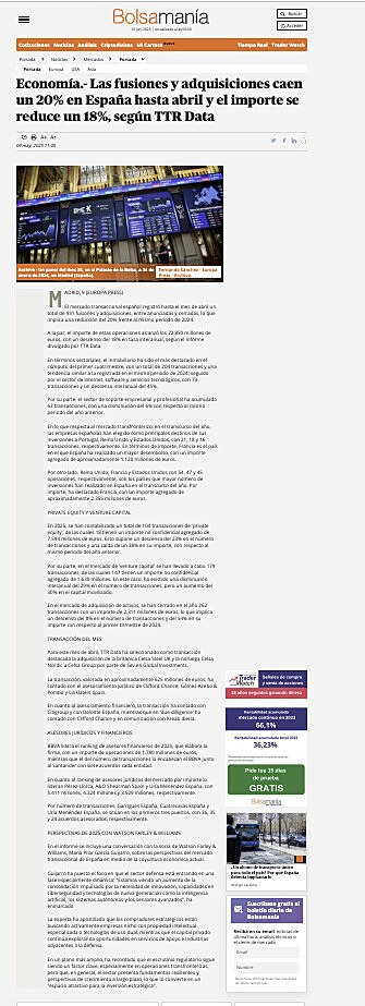 Economa.- Las fusiones y adquisiciones caen un 20% en Espaa hasta abril y el importe se reduce un 18%, segn TTR Data